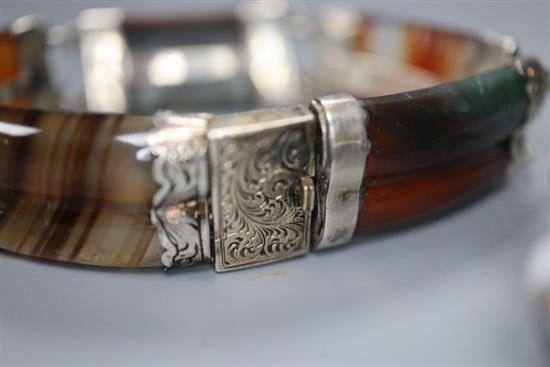 A 20th century silver and Scottish hardstone and agate set bracelet and a similar shaped circular brooch,